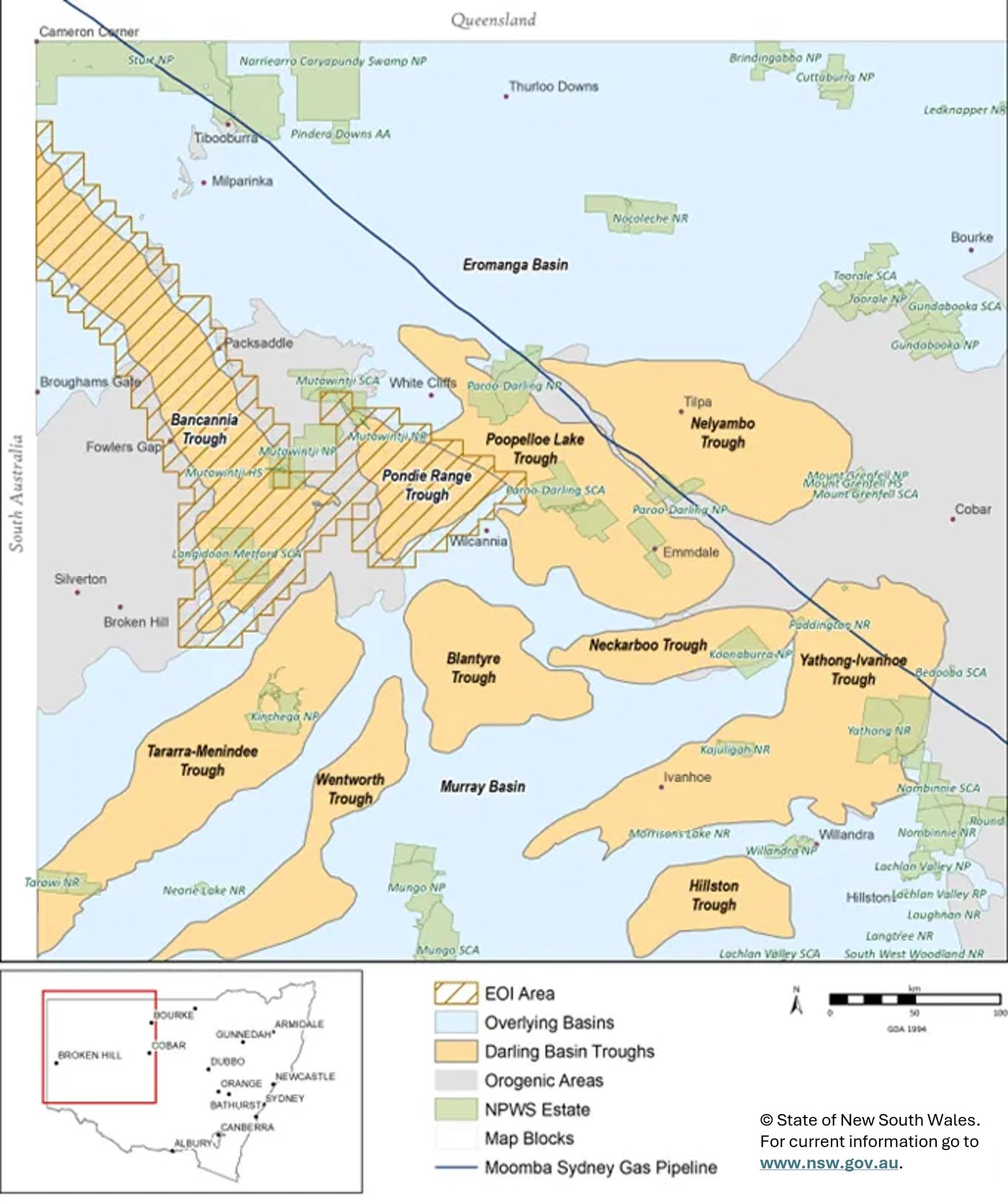 NSW Resources map of the 2026 expression of interest (EOI) area over the Bancannia and Pondie Range Troughs, Darling Basin, showing the overlying Eromanga and Murray Basins and the Moomba to Sydney gas pipeline. © State of New South Wales. For current information go to www.nsw.gov.au.