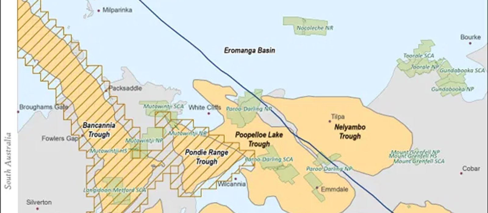 NSW Resources map of the Bancannia and Pondie Range Troughs expression of interest area within the Darling Basin, with the Moomba to Sydney gas pipeline