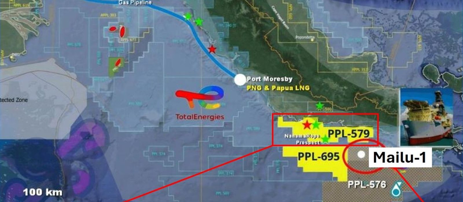 Map of Gulf of Papua offshore licences, including PPL 579 (Nanamarope prospect) and the Mailu-1 deepwater well